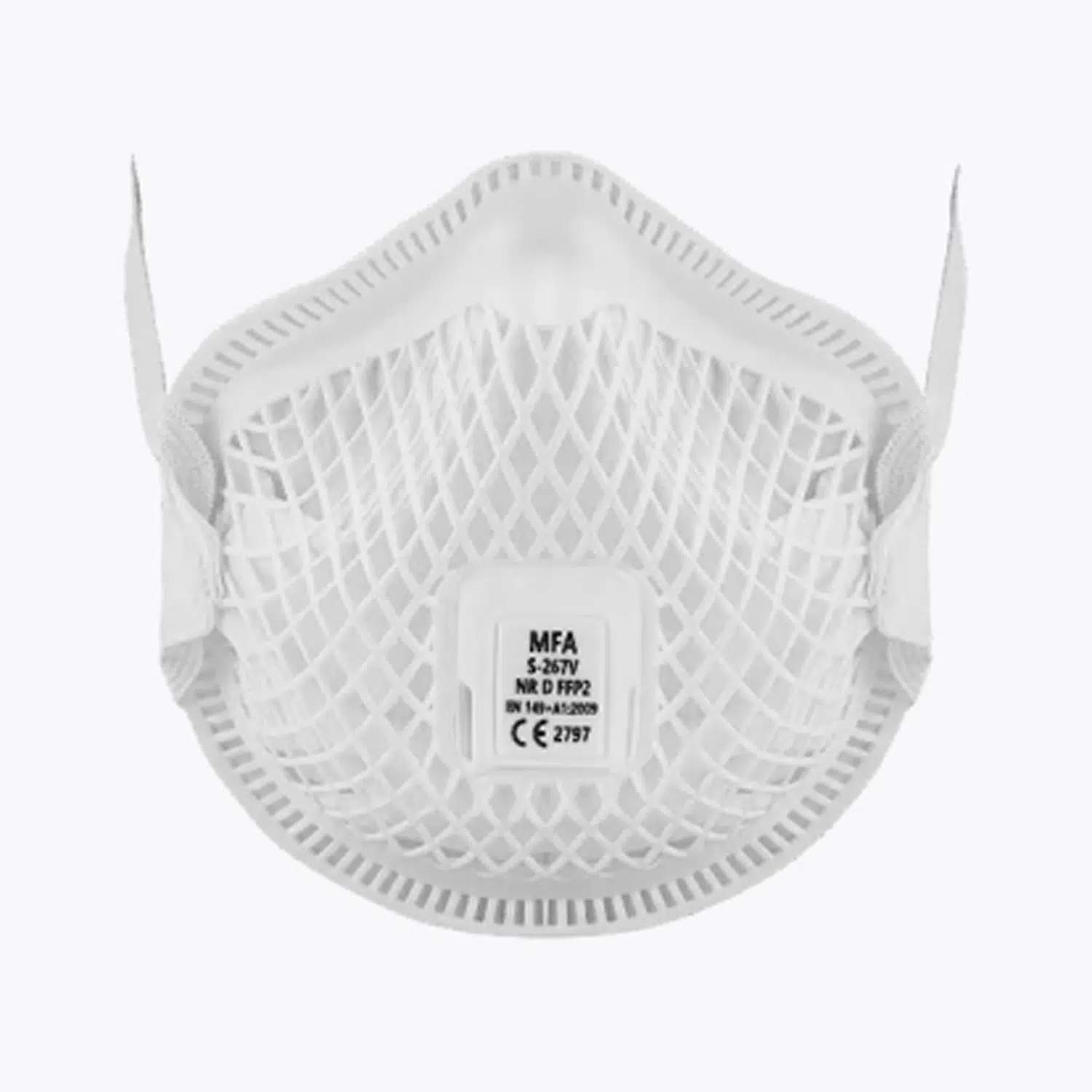 MFA S-267V Premium FFP2 NR D Ventilli Beyaz Maske Plastik Kafesli, Klipssiz Konik Tasarım